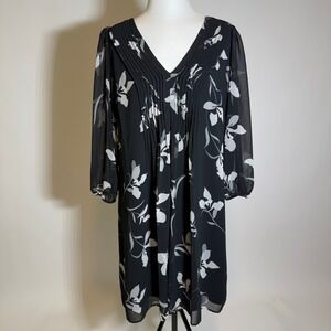 Calvin Klein Floral Chiffon 3/4 Sleeve Shift Dress Black/White Size 14 Career